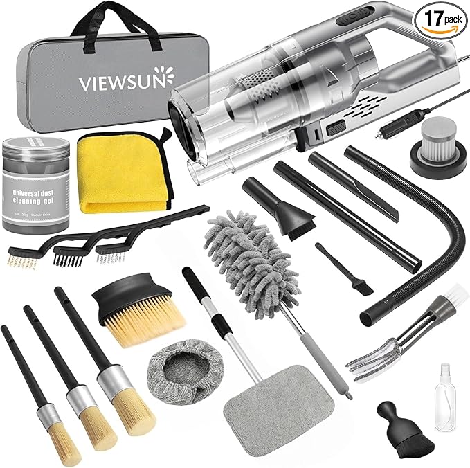 Viewsun Car Cleaning Kit, 17PCS Car Interior Detailing Kit with Gray High Power Handheld Vacuum, Detailing Brush Set, Windshield Cleaner, Cleaning Gel, Complete Auto Accessories for Men, Women