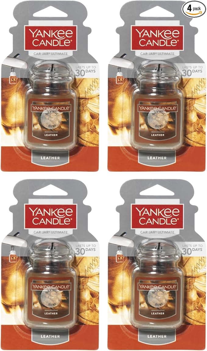 Yankee Candle Car Air Fresheners, Hanging Car Jar Ultimate, Neutralizes Odors Up To 30 Days, Leather, 0.96 OZ (Pack of 4)