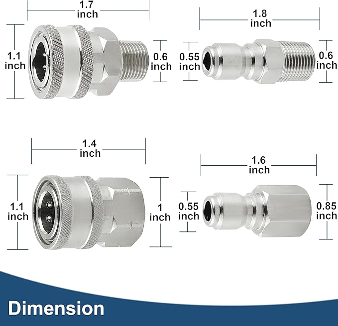 Pressure Washer Quick Connect 3/8 Inch, Pressure Washer Fittings, Stainless Steel Adapter Set, Female and Male Thread, 8 Pieces
