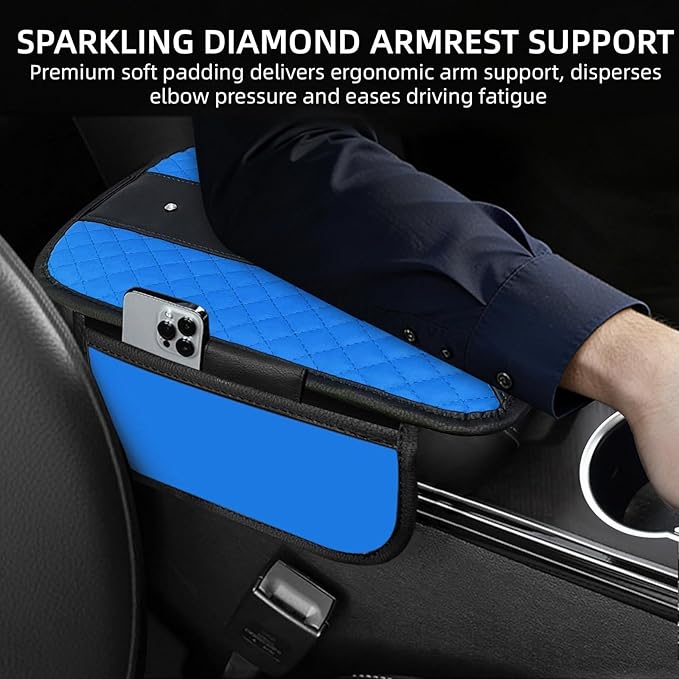 NBTEPEM Bling Crown Car Center Console Armrest Cover, Leather Middle Console Cover Cushion with 2 Storage Bags, Car Armrest Storage Box Interior Accessories for Most Vehicles(Blue)