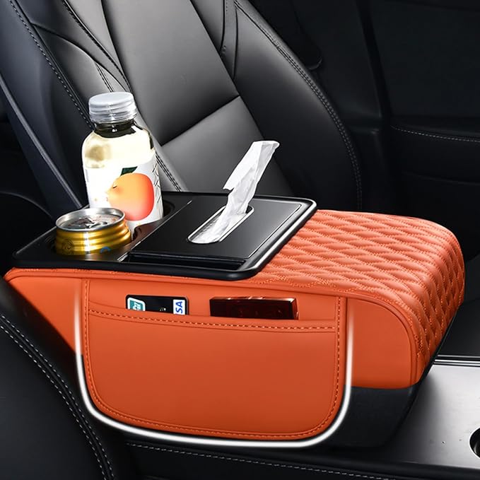 Car Center Console Armrest Pad, Arm Rest Box Cushion with Ergonomic Height Boost, Storage Pockets, Built-in Tissue Box, Cupholder, Fit for Most Sedan Vehicles (Embroidery Water Ripple, Coffee)