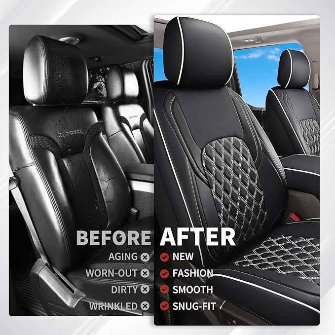 Huidasource Tacoma Front Car Seat Covers, Leather Seat Cushion Cover Fit for 3rd Gen Toyota Tacoma 2016-2023 Double&Crew Cab SR,SR5, Limited,TRD Pro, TRD Sport, TRD Off-Road(Front Pair/Black&White)