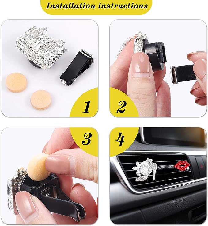 6 Pieces Car Air Vent Decoration Bling Car Interior Decoration Silver Rhinestone, Car Air Freshener Clip with Aromatic Soft Pad (Rhinestone Style)