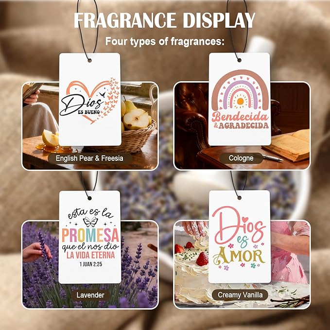 Inspirational Spanish Christian Car Air Freshener 4 Pcs, Encouragement Spanish Bible Verse Religious Hanging Air Freshener for Cars Closet Drawer Books, Christian Car Accessories for Women Kids