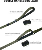 Hotsky Double Handle Dog Leash for Large Medium and Small Breed Dogs that Pull,Adjustable Nylon Heavy Duty Dog Leash with Car Seat Belt for Walking and Training,ArmyGreen,4.5-6 FT