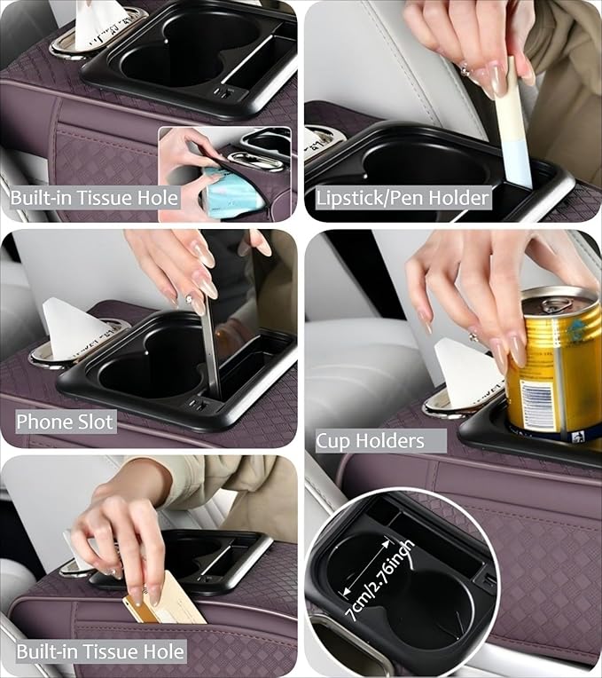 2026 Enhanced Car Center Console Armrest Cushion with USB& Type-C Charging, PU Leather Console Pad with Cup Holders, Storage& Tissue Outlet for Most Vehicles (Sloped Version, Beige)