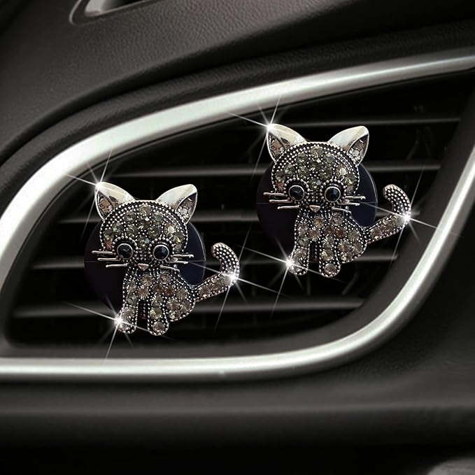 Bling Rhinestone Car Air Vent Clip,Dashboard Outlet Clip,Car Air Freshener Vent Clips,Car Air Conditioning Outlet Clip Decorative,Bling Car Accessories Car Interior Decoration Charm,Cute Car Decor (Cute kitten-BK)