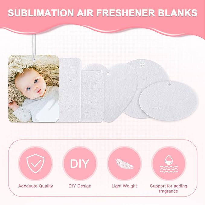 Zonon 120 Pieces Sublimation Air Freshener Blanks DIY Air Freshener Sheets Blank Car Pressed Felt Polyester Laser Cut Blanks for Car Travel Heat Press Ornaments with Elastic Cord, 5 Styles