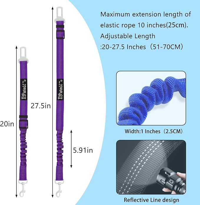 IBWell Dog Seat Belt for Car with Elastic Bungee Leash, Car Leash Car Seat Belt for Dogs (Purple, 1PCS-27.6")