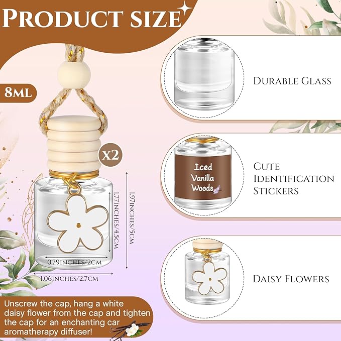 2 Sets Hanging Car Air Freshener and Essential Oil Diffuser, Car Air Freshener Daisy Essential Oil Diffuser Long Lasting Automobile Aromatherapy(White,Iced Vanilla Woods)