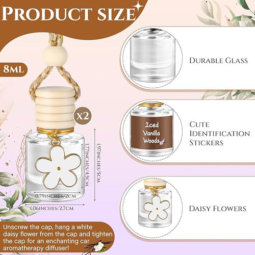 2 Sets Hanging Car Air Freshener and Essential Oil Diffuser, Car Air Freshener Daisy Essential Oil Diffuser Long Lasting Automobile Aromatherapy(White,Iced Vanilla Woods)