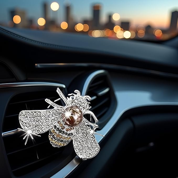 Silver Shiny Bee Vent Clips, Crystal Bee Car Air Freshener Vent Clip Car Bling Interior Decoration Rhinestone Cars Bling Accessories Aroma Diffusers