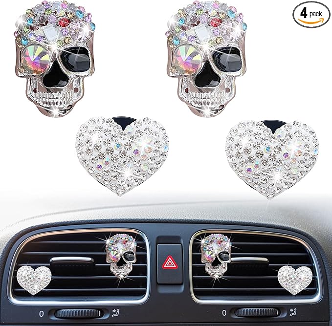 4 Pcs Crystal Skull Car Air Fresheners Vent Clips, Rhinestone Diamond Car Decoration, Silver
