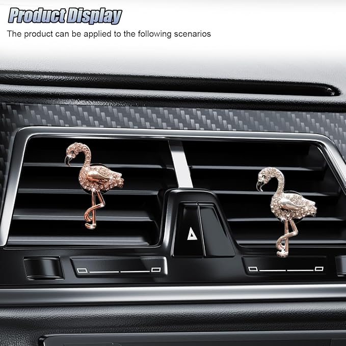 2PCS Bling Flamingo Car Dashboard Air Vent Trim Clips, Crystal Rhinestone Animal Car Air Fresheners Outlet Clip, Cute Automotive Interior Diffuser Decoration Accessories for Women (Flamingo)