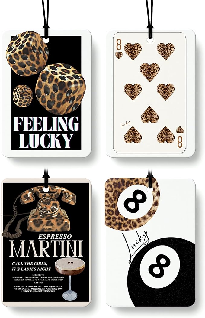 Trendy Retro Cheetah Print Car Air Freshener 4 Pcs, Leopard Print Lucky 8 Ball Dice Hanging Air Freshener for Home Bar Cars Closet Drawer Books, Girly Car Accessories Mirror Decor for Women