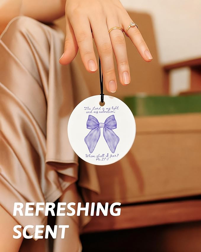 Purple Christian Round Car Air Freshener 4 Pcs, Girly Pouple Bow Floral Religious Hanging Air Freshener for Cars Closet Drawer Books, Cute Preppy Car Accessories Mirror Decor for Women