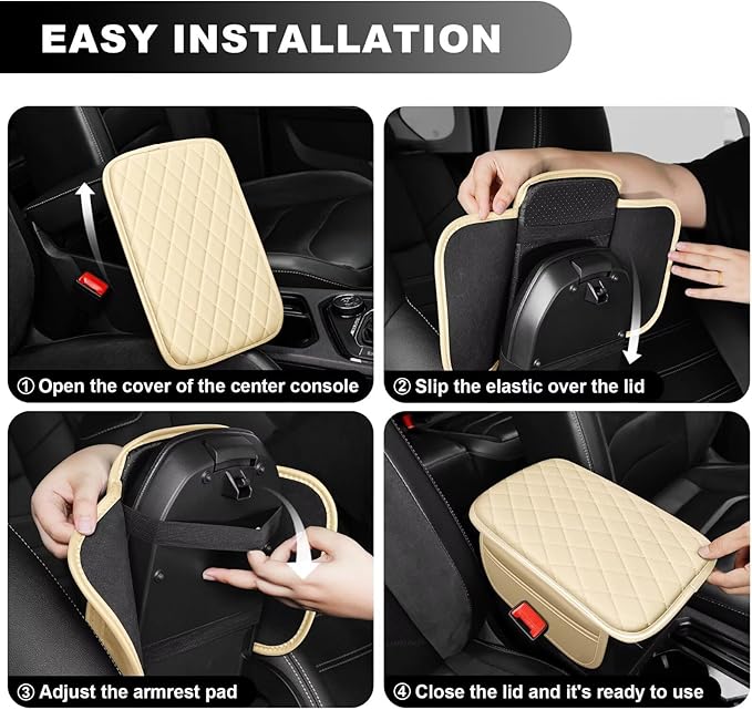 Upgraded Car Center Console Cover Fit for Venza Faux Leather Car Armrest Cover Cushion with 2 Storage Bags,Car Armrest Storage Box Interior Accessories(Beige&Whiteline)