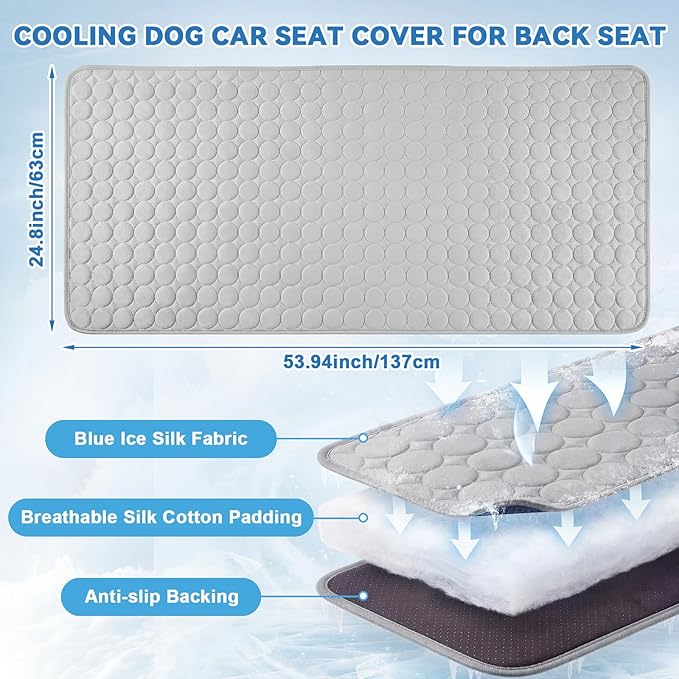 54"x24.8" Dog Cooling Mat for Car Back Seat, Ice Silk Pet Bed Mat, Non Slip Summer Cooling Pad for Dogs and Cats, Fits Backseat Extenders Protector, Trucks, Suvs, Indoor & Outdoor (Gray)