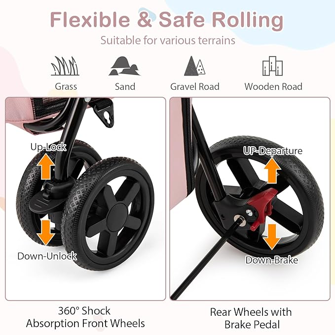 Giantex Double Pet Stroller with 2 Detachable Carrier Bags, Safety Belt, 4 Lockable Wheels, Folding Cat & Dog Stroller for Small Medium Pets, Cats Dogs Puppy Travel Strolling Cart (Pink)