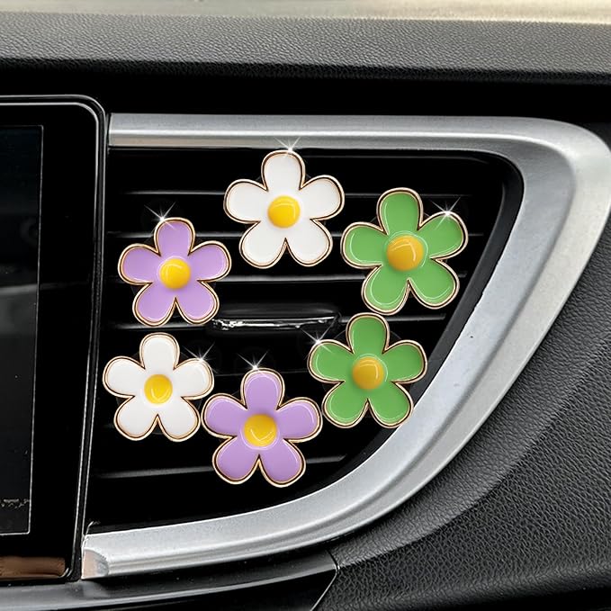 6pcs Flowers Car Decor,Cute Car Air Freshener Vent Clips,White Green Purple Daisy Air Vent Clip Accessories for Women,3cm/2.7cm Refillable Daisy Decor Diffuser