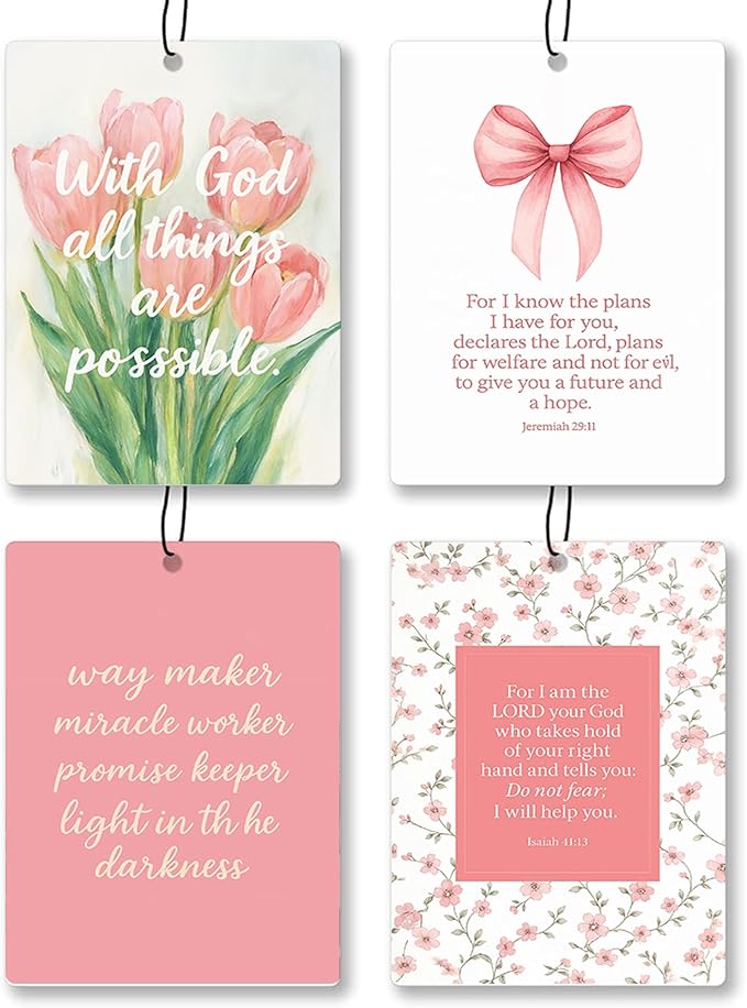 Coquette Pink Floral Christian Car Air Freshener 4 Pcs - Girly Pink Bow Religious Hanging Air Freshener 4 Pcs for Cars Closet Drawer Books, Cute Christian Accessories Mirror Gifts for Women Girls