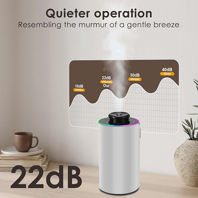 Waterless Essential Oil Diffuser with 8 Color LED Night Light, 3 Mist Levels & Timers, Portable Rechargeable Aromatherapy Diffuser for Home Car Room Studio Office, Black Metal (Silver)