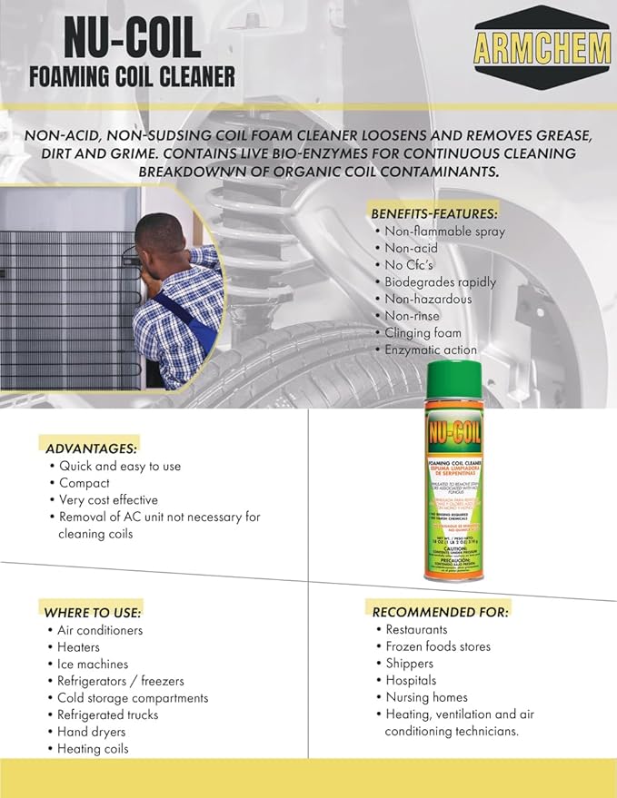 Nu-Coil Foaming Coil Cleaner - Coil Cleaner for Air Conditioning Unit Maintenance and Cleaning - White, Bio-Enzymatic, Non-Flammable, Acid Free