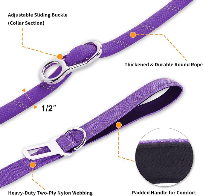 6FT Heavy Duty Dog Leash for Small Medium Large Dogs, Tangle Free Reflective Dog Training Leash with Double Handle, Seat Belt Buckle & Poop Bag Holder (Purple)
