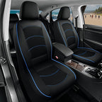Road Comforts Car Seat Covers, Leather Front Seat Covers with Piping, Air-Cool Mesh Designed, Airbag Compatible Automotive Seat Covers for Most Car, Truck, Van, SUV - Black with Blue Piping