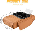 Car Center Console Armrest Pillow, Memory Foam Leather 4 in 1 Vehicle Arm Rest Cover with Tissue Box 2 Side Storage Bag Cup & Phone Holder, Auto Armrest Cushion, Universal Fit (Orange)