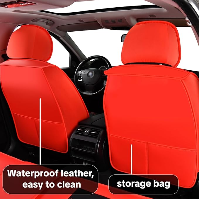 Red Car Seat Covers Complete Set, Universal Car Seat Covers for Cars, Premium Waterproof Leather, Protect & Upgrade Car Interiors, Airbag Compatible, Easy to Install & Clean Up