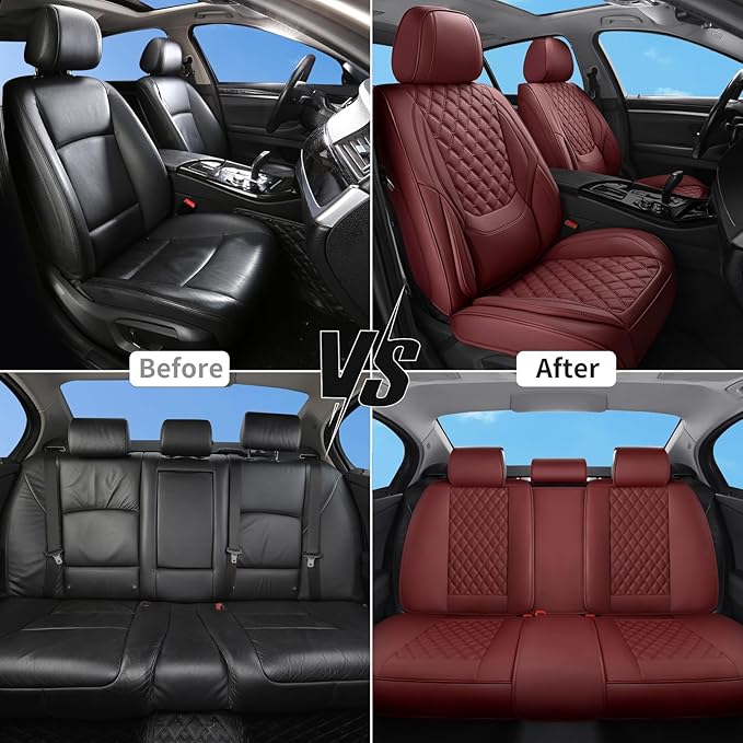 Car Seat Covers Full Set Burgundy, Luxury Faux Leather Waterproof Women Non-Slip Seat Protector Universal Fit for Most Cars SUVs Trucks Pick-ups Car Accessories Interior (Wine Red-Full Set)