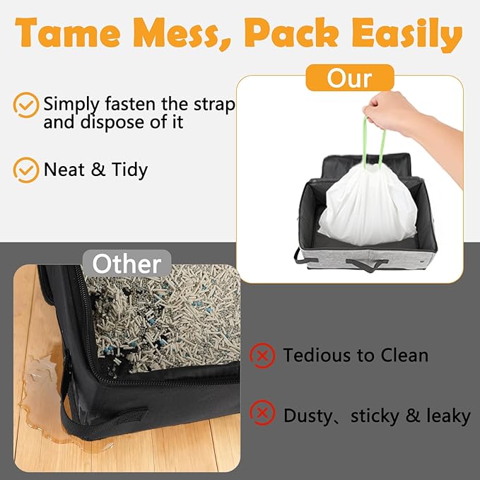 SZEE Travel Litter Box for Cats with Zipped Lid with 3 Pcs Disposable Liner Bags, Easy Cleaning, Suitable for Pets up to 15lbs, Portable Litter Box for Travel, Car, Hotel, Airplane, Camping - Grey