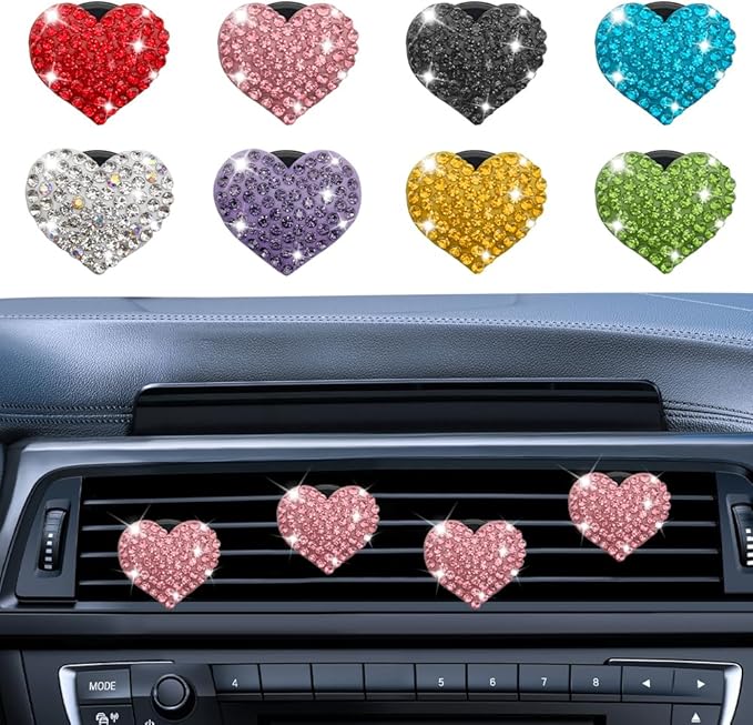 4PCS Heart-Shaped Car Vent Clip with Rhinestone, Vent Clip Car Accessories, Sparkly Rhinestone Bling Diamond Freshener Holder, Air Conditioning Outlet Ornament for Women Girls (Pink, Style1)