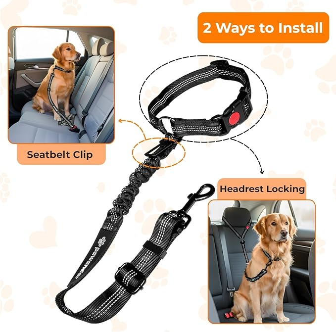 Dog Seat Belt for Car Headrest or Seatbelt Clip, Adjustable Reflective Dog Leash with Elastic Bungee Buffer, Nylon Safety Seatbelt Harness for Medium & Large Dogs (Black)