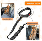 Dog Seat Belt for Car Headrest or Seatbelt Clip, Adjustable Reflective Dog Leash with Elastic Bungee Buffer, Nylon Safety Seatbelt Harness for Medium & Large Dogs (Black)