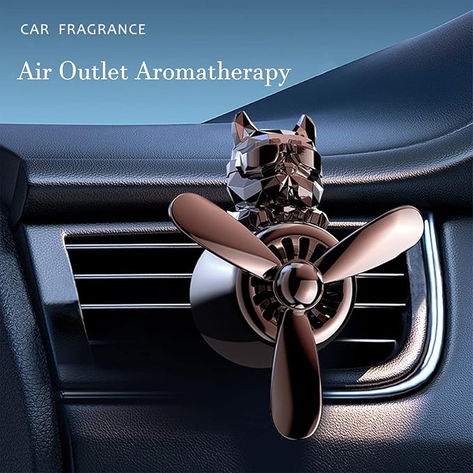 Car fragrance diffuser pilot air outlet cartoon rotating fan leaf perfume cute shape freshener with 2 fragrances (dog-black), Pack of 1 (MY-307)