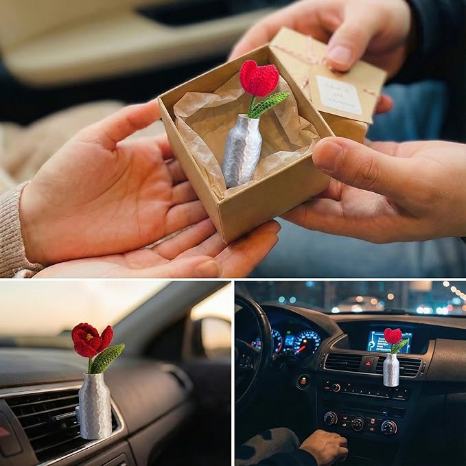 Cute Tulip Vent Clip, Hand-Crocheted Car Air Freshener Clip, Car Vent Accessory Gift for Women Who Love Their Cars (Tulip, Tasteless) 1 PCS