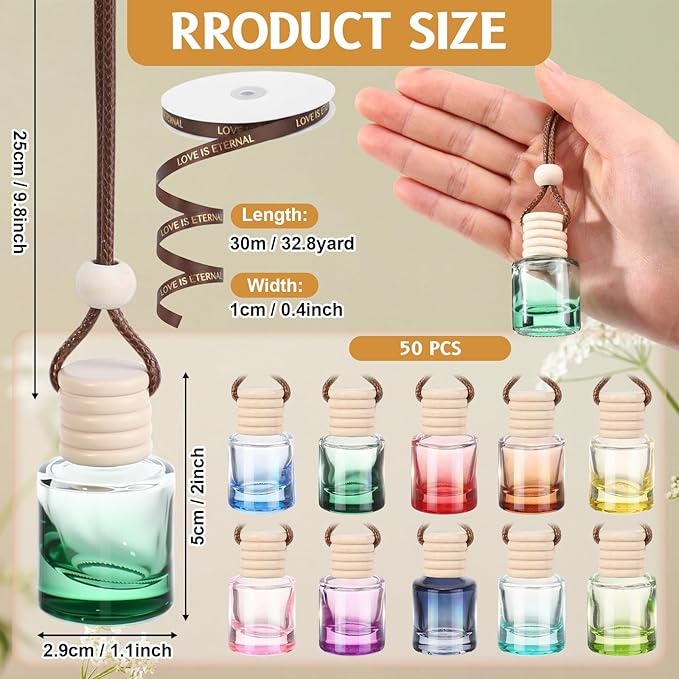 Mudder 50 Pcs Gradient Hanging Car Air Freshener Empty Clear Glass Diffuser Bottles for Essential Oils Perfume Pendant for Women Guests Wedding Favors Employee Appreciation Gifts(Cylinder,Colorful)
