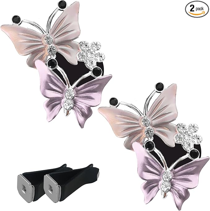 2PCS Car Air Vent Clips, Dual Butterfly Diamond Car Air Conditioner Outlet Vent Clip, Cute Car Diffuser Perfume Clip, Car Air Freshener Decor Accessories for Women Girl (Light Pink, Style 1)
