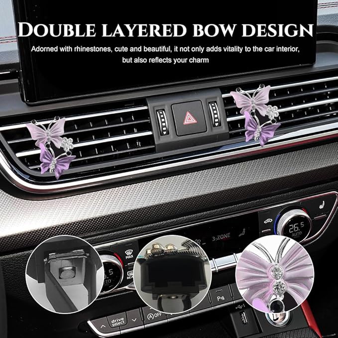 2PCS Car Air Vent Clips, Dual Butterfly Diamond Car Air Conditioner Outlet Vent Clip, Cute Car Diffuser Perfume Clip, Car Air Freshener Decor Accessories for Women Girl (Purple, Style 1)