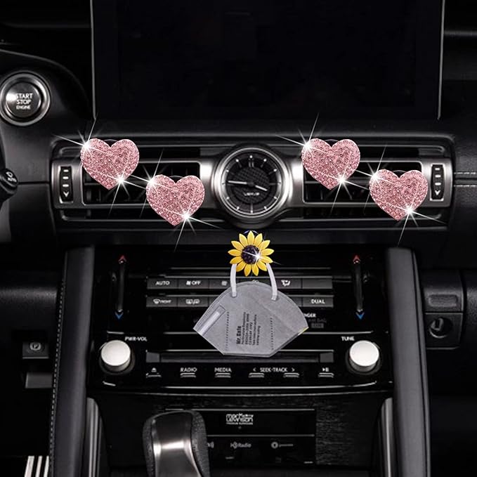 Bling Heart Air Vent Clips, Crystal Heart Car Air Fresheners Vent Clips Diffuser Vent Clip Rhinestone Car Decoration Interior Decor Cute Accessories for Women (Pink) + Sunflower Mask Hook