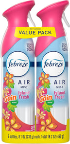 Febreze Air Mist, Air Freshener Spray, Odor Fighting Room Spray, Deodorizer for Home Bathroom Kitchen Office Apartment Dorm Room Classroom, Gain Island Fresh Scent, 8.1oz (Pack of 2)