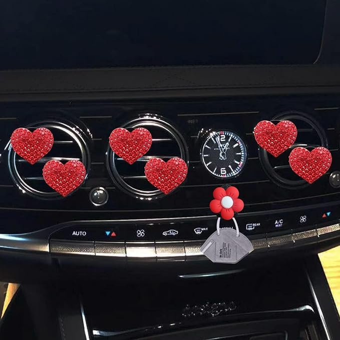 6Pcs Bling Heart Air Vent Clips Red Heart Car Air Fresheners Vents Clips Car Diffuser Diamond Car Interior Decor Charm Decoration Cute Accessories for Women Automotive