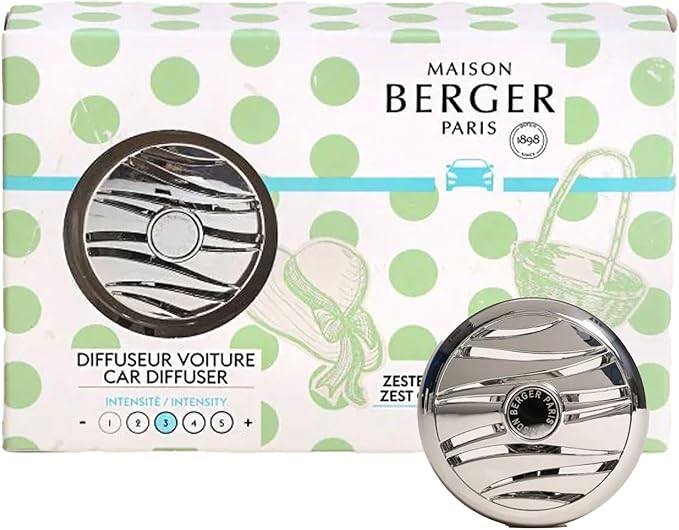Maison Berger Car Diffuser Set – Refillable Vent Clip, Ceramic Refill, Made in France - Luxury Auto Scent - 4-Week Diffusion - Elegant Air Freshener for All Car Vents (Zest of Green Orange)