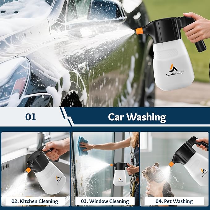 Awakening 2L Electric Foam Sprayer, Waterless Car Wash Kit, 68oz Cordless Rechargeable Battery Foam Blaster, 52PSI Portable Electric Foam Cannon for Auto Car Detailing (White)