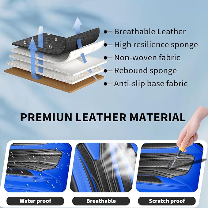 Fit Frontier Car Seat Covers Compatible with Nissan Frontier 2010-2025 2026 - Premium Leather，Waterproof Breathable，All-Weather Seat Cushion Protecto&Airbag Compatible (2 Front Seat Blue&Black)