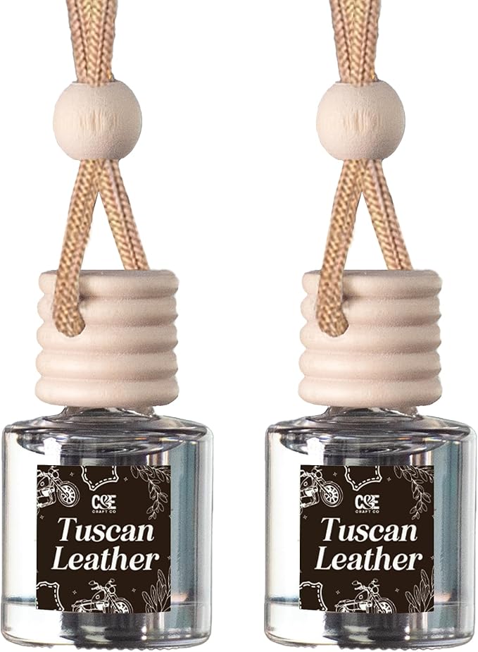 C&E Craft Co Hanging Car Air Freshener Diffuser 2 Pack, Long Lasting Fragrance Oil Car Freshener, Glass Bottle Auto Air Freshener, Made in USA (Tuscan Leather)