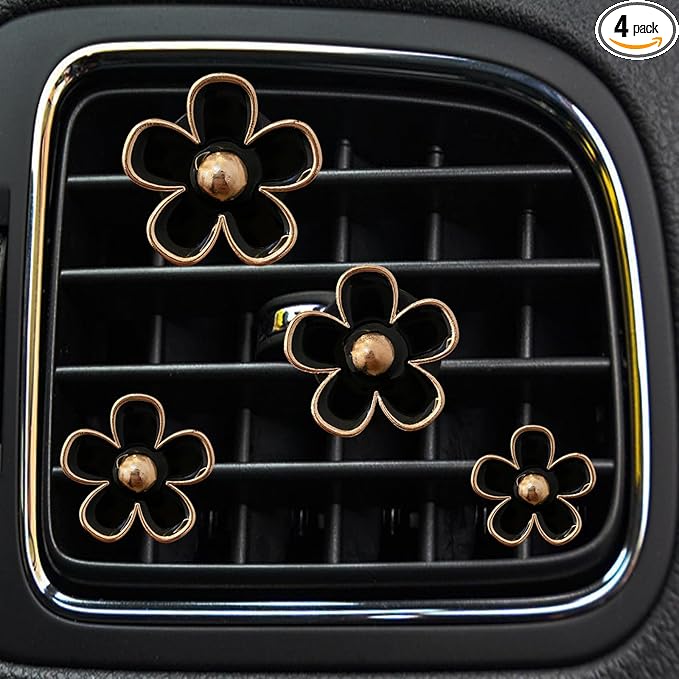4PCS Daisy Flower Air Vent Clip Air Conditioning Outlet Clip Car Air Freshener Clip Car Interior Decor Charm Colorful Car Interior Accessories for Girls Women (Black)