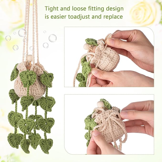 Cute Crochet Plant Car Freshener 12ml Empty Refillable Diffuser Bottle with Plants Hanging Accessories for Rearview Mirror Home Office Decor Women Mother's Day Gifts(Leave)